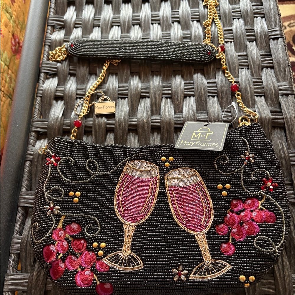 Mary Frances Black Beaded Clutch with Red and Gold Accents